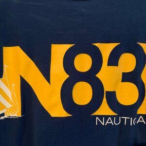 Vintage NAUTICA N83 Sailboat Logo Adult Size S Blue Double-Sided Short Sleeve Te